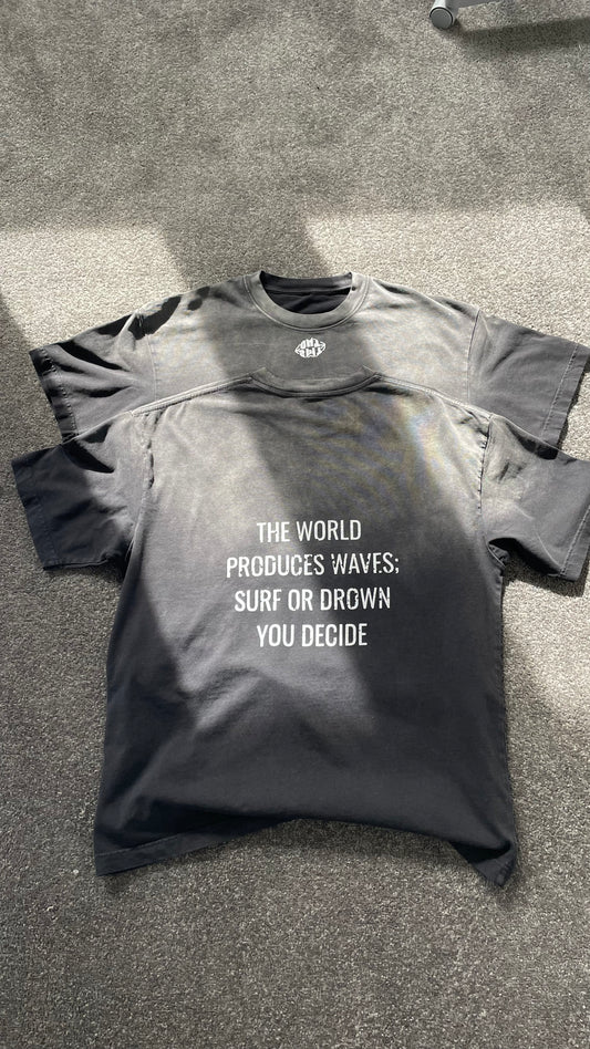 ‘Surf or Drown on a wave’ - Spit Out Black Acid wash Tee